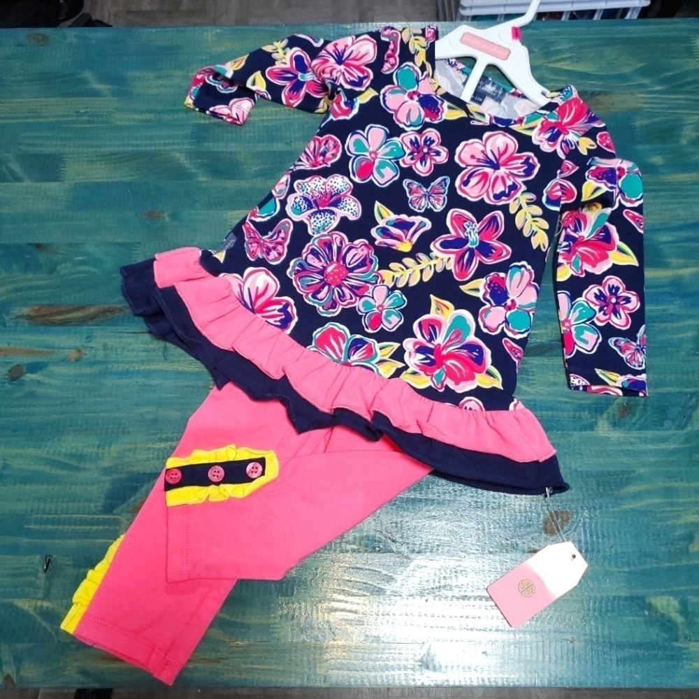 SS navy & pink butterflies & flowers matching set